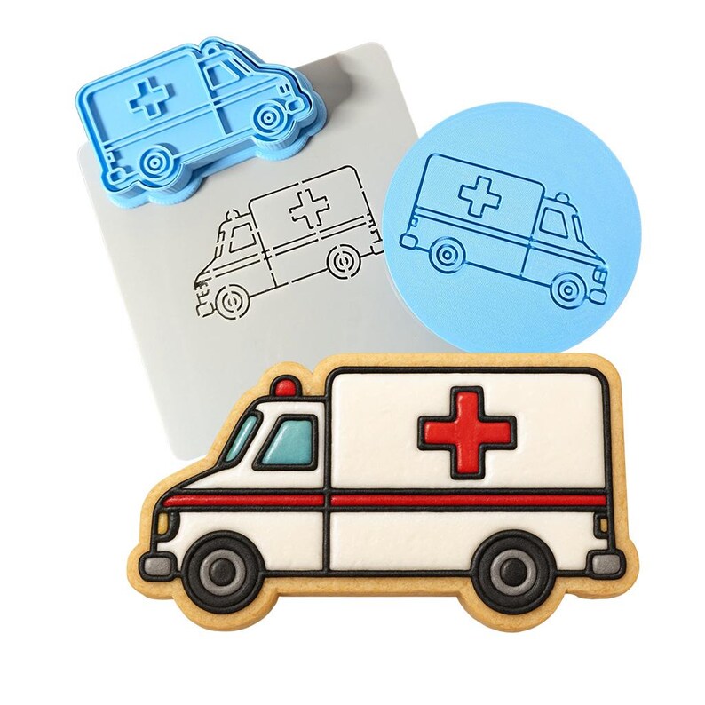 Ambulance Cookie Cutter | Stamp | Stencil - SHARP EDGES - FAST Shipping - Choose Your Own Size! **FULL SET BUNDLE** Cutter + Stamp + Stencil + Debosser **BEST DEAL**