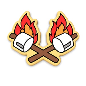 May include: Two white marshmallows on sticks with flames on top, set against a yellow background.