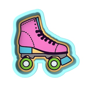 May include: A pink roller skate with green wheels and a blue and yellow base. The skate is outlined in blue and has a white background.