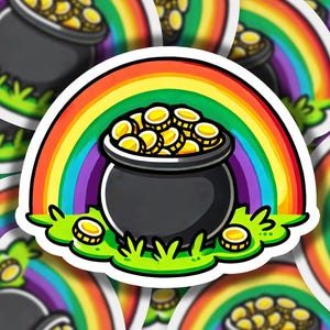 Puede incluir: Una olla negra llena de monedas de oro se encuentra al final de un arcoíris. La olla está rodeada de hierba verde y hay monedas de oro esparcidas por el suelo.