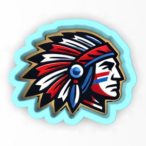 May include: A colorful, stylized image of a Native American chief in profile. The design features a red, white, and blue headdress and face paint, with a gold outline and a light blue border. The image is likely a decorative item or emblem.