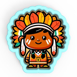 May include: A cartoon-style Native American figure wearing a feathered headdress in orange, yellow, and red. The character has a smiling face, black hair, and is outlined in black. The figure is set within a light blue scalloped border.