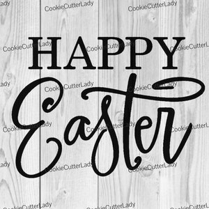 May include: Black and white text on a woodgrain background that reads "HAPPY Easter".