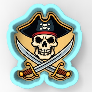 May include: A pirate-themed design featuring a skull wearing a black hat with a skull and crossbones, a red bandana, and crossed swords. The design is outlined in a light blue color.