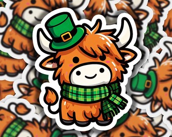 Highland Cow Irish Hat Vinyl Sticker | Dishwasher Safe & Durable | Custom Sizes | Fast Shipping | Made in USA 1