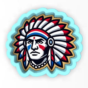 May include: A detailed illustration of a Native American chief in a headdress, featuring red, white, and blue colors. The design is set against a light blue scalloped border, with a gold-colored outline.