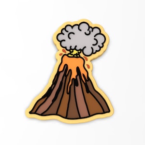 May include: A cartoon illustration of a volcano erupting with a gray cloud of smoke above it. The volcano is brown and orange with a yellow glow at the top.
