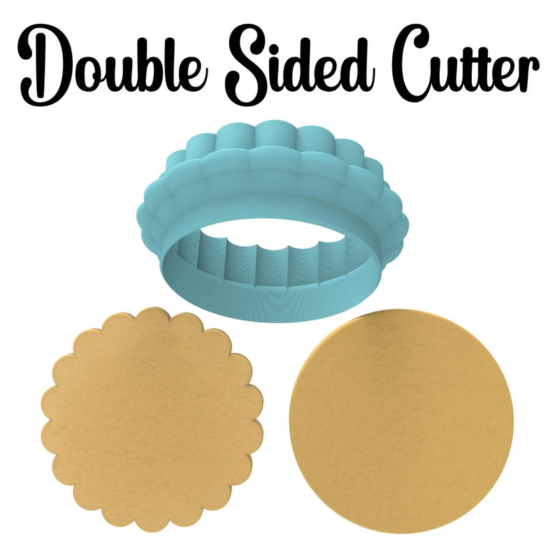 May include: A blue plastic cookie cutter with a scalloped edge. Two cookies are shown, one with the scalloped edge and one plain.