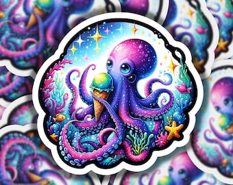 May include: A sticker featuring a vibrant illustration of a purple octopus holding a colorful ice cream cone. The octopus is surrounded by coral, fish, and a starry sky, creating a whimsical underwater scene.