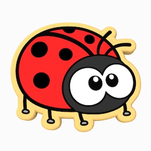 May include: A cartoon ladybug with large eyes and black spots on its red shell. The ladybug is outlined in black and has a yellow background.