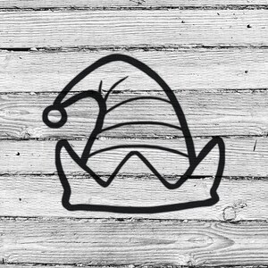 Puede incluir: Un contorno en blanco y negro de un gorro de elfo con una punta puntiaguda y un borde rizado. El gorro tiene un patrón a rayas y una pequeña bola en la parte superior.