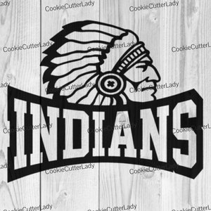 May include: Black and white graphic of a Native American chief in a headdress, above the word "INDIANS" in bold, block letters. The design is set against a light wood grain background.