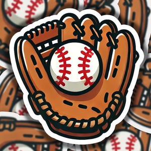 May include: A brown leather baseball glove with white stitching and a white baseball with red stitching inside. The glove has a rope detail around the wrist.
