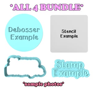 May include: A digital download of four different design files for crafting. The files include a debosser, stencil, stamp, and a cookie cutter. The image shows examples of each design.
