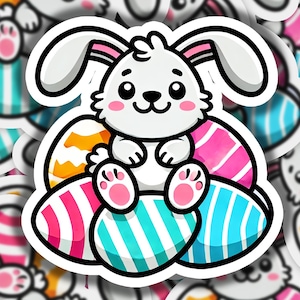 Bunny Sitting on Egg Pile Vinyl Sticker | Dishwasher Safe & Durable | Custom Sizes | Fast Shipping | Made in USA 1