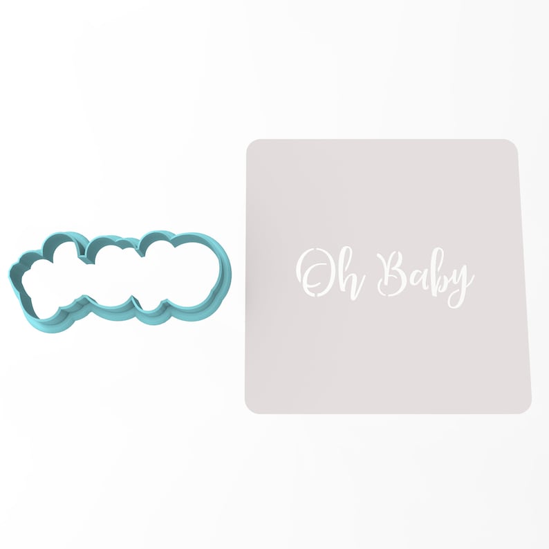 May include: A light blue plastic cookie cutter in the shape of the words "Oh Baby" with a white background behind it. The words "Oh Baby" are written in a cursive font.