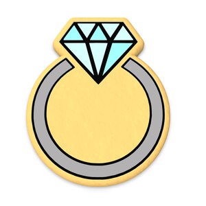 May include: A yellow ring with a gray band and a blue diamond on top. The ring is a cartoon illustration.