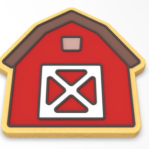 May include: A red barn cookie with a white X-shaped door and a brown roof. The cookie is decorated with yellow icing around the edges.