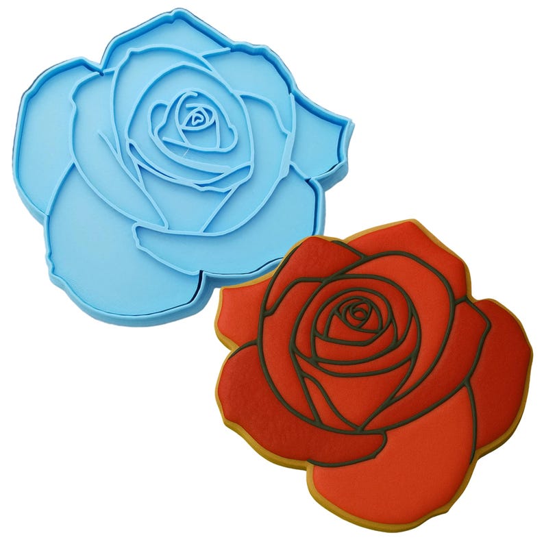 two cookie cutters with a red rose and a blue rose
