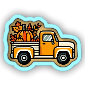 May include: A cartoon illustration of a yellow pickup truck with a bed full of orange pumpkins. The truck has a blue outline and is set against a brown background.