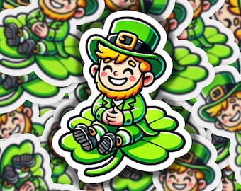Leprechaun Sitting on Clover Vinyl Sticker | Dishwasher Safe & Durable | Custom Sizes | Fast Shipping | Made in USA 1