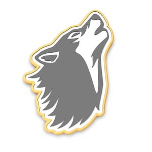 May include: A gray wolf howling with a white outline, set against a white background. The wolf is surrounded by a thick gold border.
