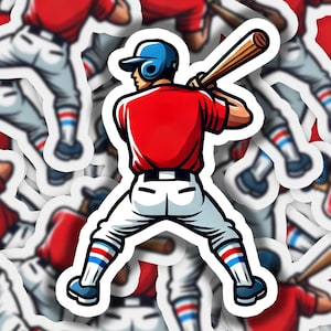 May include: A red, white, and blue baseball player sticker with a white outline. The player is wearing a red jersey, white pants, and blue and white socks. The player is holding a wooden bat and is in a batting stance.
