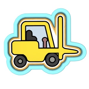 May include: A yellow toy forklift with a black outline and a blue background. The forklift has a black steering wheel and a brown handle.