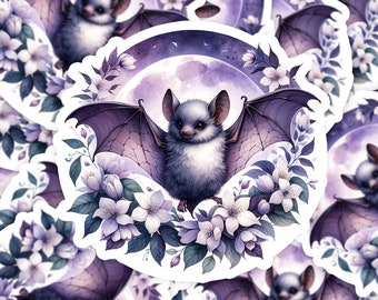 Baby Bat Flower Wreath Watercolored 1 - STICKER | VINYL | MAGNET