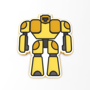 May include: A yellow robot with black eyes and a black mouth. The robot has a white outline and is standing on a white background.