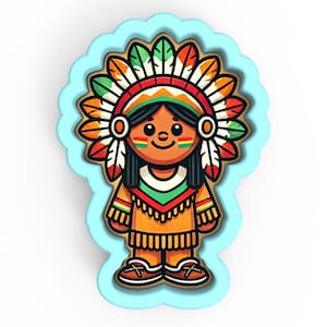 May include: A cartoon-style Native American figure wearing a feathered headdress with orange, green, and red accents. The figure has a smiling face, a tan complexion, and is wearing an orange outfit with brown shoes. The figure is set against a light blue scalloped background.