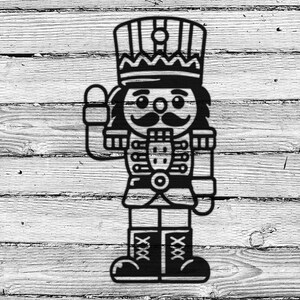 May include: A black and white illustration of a nutcracker soldier. The nutcracker is wearing a tall hat with a crown, a jacket with buttons, and boots. The nutcracker is holding a stick in its right hand and has a mustache.