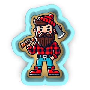 Puede incluir: Un cortador de galletas de estilo caricatura con forma de leñador. El leñador lleva una camisa a cuadros roja y negra, vaqueros azules y botas rojas. Sostiene un hacha y lleva un gorro rojo. El cortador de galletas tiene un contorno azul claro.