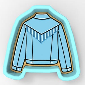 May include: A light blue jacket cookie cutter with a fringe design on the back. The cookie cutter is in the shape of a jacket with black outlines and white buttons. The cutter is surrounded by a light blue border.