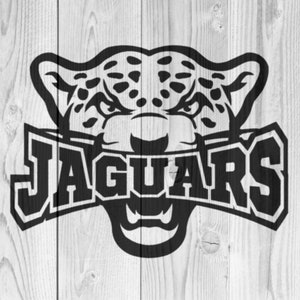 May include: Black and white graphic design of a jaguar's head with the word "JAGUARS" in bold letters.