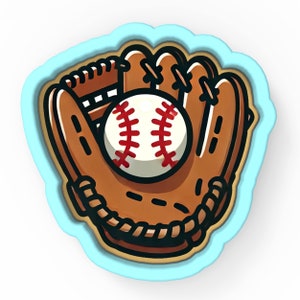 May include: A brown leather baseball glove with white stitching, holding a white baseball with red stitching. The glove and ball are in a blue outline.