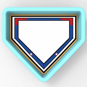 Könnte beinhalten: Ein hellblauer, rautenförmiger Ausstecher mit einem Baseball-Homeplate-Design. Die Homeplate ist weiß mit schwarzen, blauen, roten und goldenen Akzenten. Zwei kleine rote Sterne befinden sich an den blauen Rändern. Der Ausstecher ist aus Kunststoff.