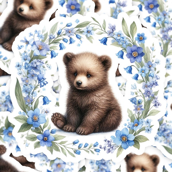 Baby Bear Watercolor Flower Wreath 1 - STICKER | VINYL | MAGNET