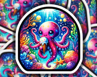 May include: A vibrant sticker featuring a cartoon octopus holding an ice cream cone. The octopus is pink with large blue eyes, surrounded by colorful coral, fish, and bubbles. The background is a bright blue with light rays.