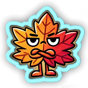 May include: A cartoon maple leaf illustration with an angry expression. The leaf is split into orange and red sections, with arms crossed and a light blue outline.