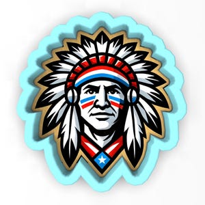 May include: A detailed illustration of a Native American chief, featuring a headdress with red, white, and blue stripes. The image has a light blue scalloped border and a gold-colored outline, creating a layered effect.