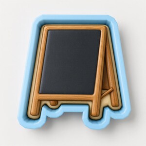 May include: A light blue plastic cookie cutter shaped like an A-frame sidewalk chalkboard sign. The design features a central black rectangular panel framed by a light brown wood-textured border, mimicking a classic standing display board.
