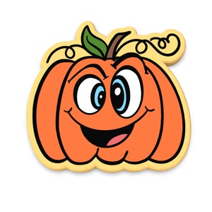 May include: A smiling orange pumpkin with a happy face, blue eyes, and a green leaf. The pumpkin has a yellow border and black curly vines. Perfect for Halloween or fall-themed decorations.