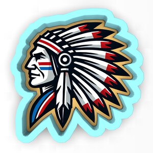 May include: A detailed illustration of a Native American chief in profile, wearing a feathered headdress. The design features a color palette of red, white, blue, and gold, with a light blue outline.