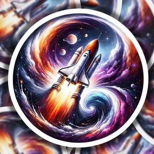 May include: A white space shuttle with orange flames erupting from its engines, flying through a swirling nebula of purple, blue, and orange clouds. The shuttle is surrounded by stars and planets.