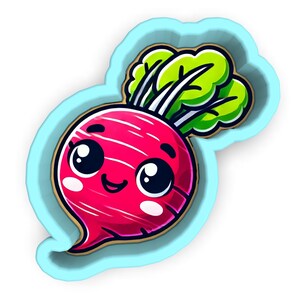 May include: A cartoon illustration of a smiling radish with large eyes and a happy expression. The radish is pink with white stripes and green leaves, set against a light blue cloud-shaped background.