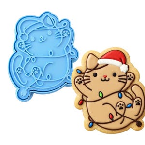 Koekjesvormpje | Stempel | Sjabloon met kat vast in kerstverlichting - SCHERPE RANDEN - SNELLE verzending - Kies je eigen formaat!