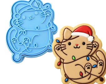 Cat Stuck in Christmas Lights Cookie Cutter | Stamp | Stencil - SHARP EDGES - FAST Shipping - Choose Your Own Size!