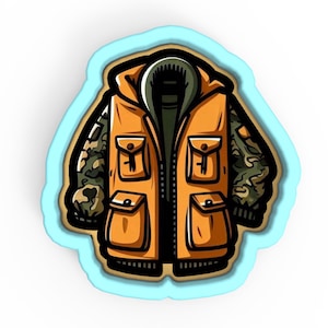 May include: A cartoon illustration of a brown and orange jacket with a camouflage sleeve. The jacket has a zipper and multiple pockets.