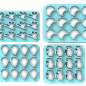 May include: Four sets of cookie cutters, each with 12 individual cutters. The top left set features 12 duck-shaped cutters. The top right set features 12 crescent moon-shaped cutters. The bottom left set features 12 hot air balloon-shaped cutters. The bottom right set features 12 grenade-shaped cutters. All cutters are light blue.
